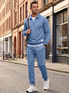 Conjunto de chándal unisex personalizado azul de algodón 100% de alto gramaje con media cremallera, color liso, para uso casual, manga larga, para invierno - Product Image 6
