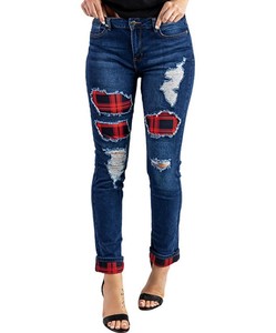 กางเกงยีนส์ทรงตรงเอวกลางสไตล์วินเทจสำหรับผู้หญิง ขายส่งจากโรงงาน ลายเสือดาว แต่งผ้าแบบแพทช์เวิร์ค ดีไซน์ขาดๆ ผ้าฝ้าย สำหรับฤดูร้อนและฤดูใบไม้ร่วง - Product Image 1