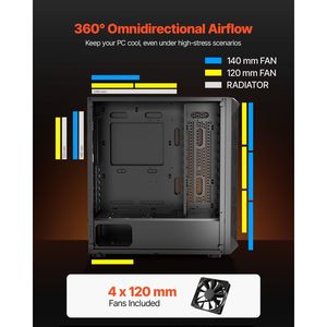 Case PC Gaming Mid-Tower ad Alto Flusso d'Aria con Pannello in Vetro Temperato, 4 Ventole da 120 mm, Filtro Antipolvere e Gestione Cavi - Product Image 4