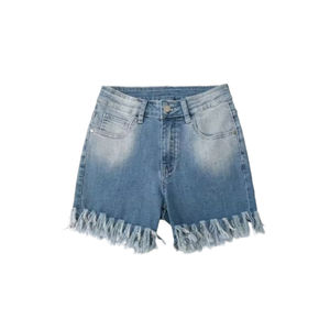 Pantalones Cortos de Mezclilla para Hombre, Cintura Alta, con Dobladillo Deshilachado, Color Azul Lavado, Estilo Casual, Cierre de Botones, 100% Algodón Tejido - Product Image 1