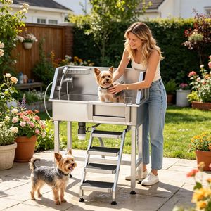 Professional <b>Dog</b> and Pet Grooming Station Stainless Steel and Wood Tub for Indoor Use for Cats and Reptiles <b>Bathing</b> - Product Image 6