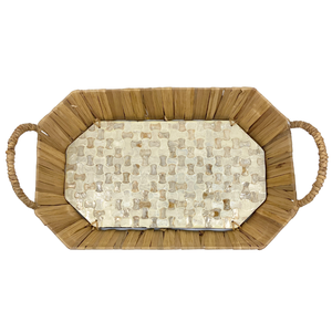 Fait à la main élégant octogone MDF Capiz incrustation plateau jacinthe d'eau Beige mosaïque motif service panier poignées Capiz incrustation élégant - Product Image 6