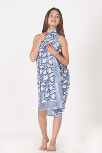 Hand Block Printed Sky Blue Floral Cotton Sarong - Product Image 3