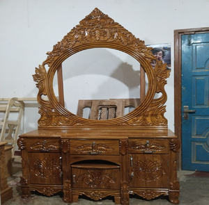 Premium silver and <b>gold</b> carved console <b>dressing</b> <b>table</b> set with matching stool and mirror, available at wholesale prices. - Product Image 3