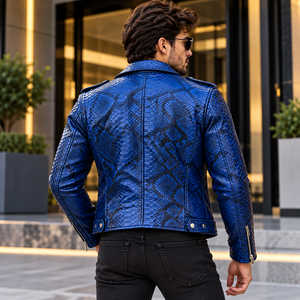 Veste de motard en cuir véritable bleu gaufré pour homme, doublure en soie, fermeture éclair élégante, streetwear haut de gamme - Product Image 3