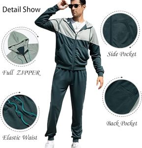 Survêtement bleu kaki à blocs de couleur pour homme, logo personnalisé, 2 pièces, sweat à capuche entièrement zippé et pantalon de jogging avec options de taille - Product Image 3