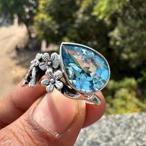 Bague en argent sterling avec topaze bleue taille poire florale, pierre de naissance de décembre, bijou élégant, cadeau minimaliste pour elle - Product Image 6