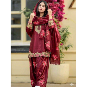 Haut en satin brodé lourd avec salwar Farshi à manches longues et dupatta en soie organza entièrement cousu, idéal pour les fêtes (NW3081) DC - Product Image 1