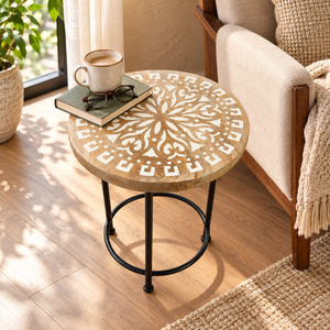 Taburete Artesanal de Madera con Base Redonda Decorativa y Estructura de Hierro |   Taburete Lateral Moderno para Sala de Estar, Hotel, Decoración del Hogar - Product Image 2