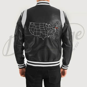 เสื้อแจ็คเก็ตหนังแท้สีดำสำหรับผู้ชาย แบบ Varsity พร้อมแผ่นปะไหล่สีขาวและปลายแขนเสื้อแบบริบแถบลายทาง สไตล์ Letterman Bomber - Product Image 2