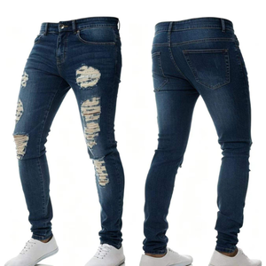 Jean en denim déchiré et vieilli pour homme, taille haute, coupe droite, décontracté, bleu, en coton lavé, respirant, écologique, automne - Product Image 6