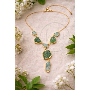 Hermoso Collar de Cadena Vintage con Aventurina y Aguamarina en Bruto, Chapado en Oro sobre Latón, Joyería de Piedras Preciosas Naturales para Mujer - Product Image 2