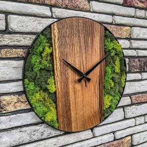 Modern Wooden Moss Wall Clock Handmade Natural Wood & Preserved Moss Round Wall Clock Rustic Home Decor Silent Non Ticking Clock - Product Image 6