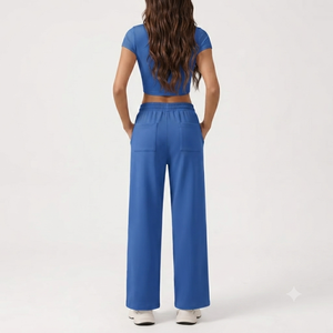 Ensemble de sport deux pièces personnalisé pour femme : Crop Top bleu et pantalon large – Tenue de sport athlétique pour la gym et l'entraînement - Product Image 2