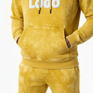 Ensemble survêtement homme jaune moutarde délavé avec logo personnalisé, sweat à capuche et pantalon de jogging en molleton épais, style streetwear, service OEM - Product Image 5