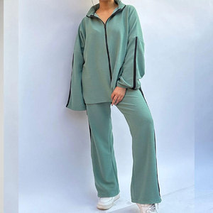 Conjunto Deportivo con Capucha para Mujer, Color Verde Menta, Corte Holgado, con Bolsillos Laterales, Diseño a Rayas, Ropa Casual de Otoño - Product Image 4