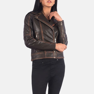 Women Real Leather Jacket Brown Vintage <b>Distressed</b> Moto Asymmetric Zip Slim Fit Coat <b>Top</b> Selling Retro Western Lady Biker Coat - Product Image 3
