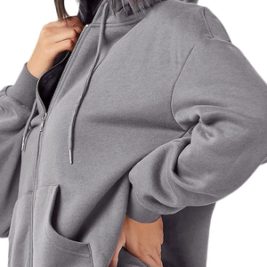 Sweat à capuche zippé OEM uni anthracite pour femme, épaules tombantes, poche avant, vente en gros - Product Image 5