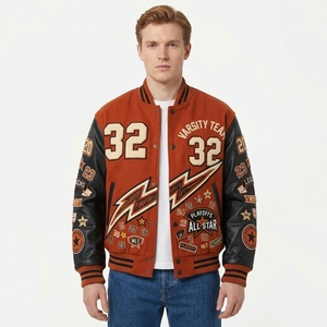 <b>Mens</b> Rust Orange Cream <b>White</b> Baseball Varsity Jacket Deluxe Fleece Body PU Leather Sleeves Warm Casual Snap Front <b>Coat</b> - Product Image 1