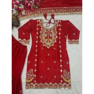 Hermoso conjunto de traje rojo de diseñador Maruti para mujer con trabajo de bordado y bordes elegantes talla L de bajo mantenimiento - Product Image 5