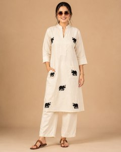 NOIIR PIGEON <b>Womens</b> Khadi Cotton Embroidered Loose Fit Wrinkle Free & Quick Dry <b>Kurta</b> Pant Set Inner | Designer Ethnic Wear - Product Image 1