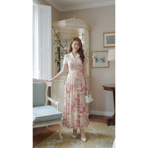 Vestido Maxi de Seda Floral Rosa Elegante para Mujer, Vestido de Fiesta y Vacaciones con Estampado Vintage de Manga Corta - Product Image 2
