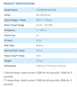ไดรฟ์ปรับความถี่ Delta MS300 VFD38AMS43AFSAA สามเฟส 380~480V 18.5KW - Product Image 2