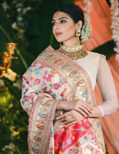 KV Traditional Woven Banarasi Pure Cotton Saree (White)-Party Wear Reversible Wrinkle Free Quick Dry Autumn - Product Image 2