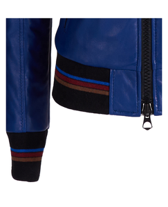 Women's blue Genuine Leather Moto Jacket Full Sleeve <b>Zipper</b> Closure Stand Collar Autumn Style - Product Image 3