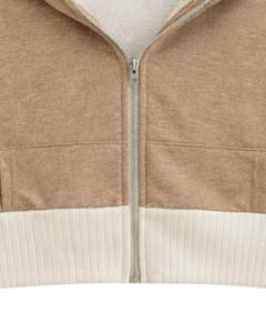Sudadera con capucha corta para mujer, con cremallera, color marrón canela y bloques de color de felpa de algodón, estilo casual y urbano. - Product Image 6