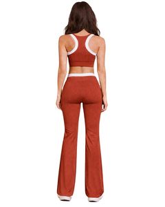Conjunto Deportivo Personalizado para Mujer, Color Marrón Óxido y Blanco en Contraste, Bra Deportivo y Pantalones Acampanados, Cintura Alta, Elástico, para Yoga, Fitness, Gimnasio, Venta al Por Mayor OEM - Product Image 2