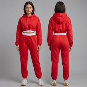 Women <b>Cropped</b> Hoodie <b>Jogger</b> 2 Piece Tracksuit Set Sweatshirt Sweatpants Casual Sportswear Fleece Outfit Wholesale OEM Custom - Product Image 6