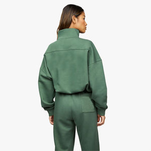 Womens Quarter Zip Fleece Sweatshirt Slouchy Drop Shoulder Plain Forest Green Pullover - Product Image 3