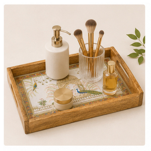 Handcrafted Pichwai Art Wooden Serving Tray Luxury Peacock Design Decorative Platter for <b>Home</b> Traditional Indian Handicrafs - Product Image 4