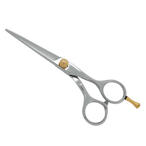 Hair Cutting <b>Barber</b> Scissors Silver Gold Screw High Quality Stainless Steel <b>Blade</b> Sharp Tip Right-Handed Medium Handle - Product Image 1