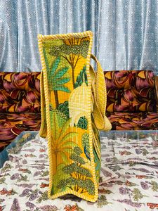 Women Yellow Handmade Quilted Cotton <b>Boho</b> Style Drawstring Closure Shoulder Straps Large Tote <b>Bag</b> Peacock Garden Print <b>Bag</b> - Product Image 2