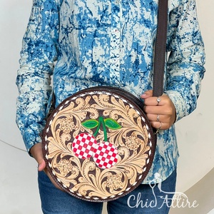 Sacs Ronds de Luxe en Cuir Véritable à Motifs Floraux et Échiquiers, Sacs à Main Élégants pour Femmes, Sacs Bandoulière de Soirée et de Shopping - Product Image 1