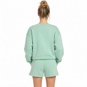 Custom Printed Women's Crew Neck Sweat <b>Shorts</b> <b>Set</b> Winter Wear Cotton Fleece Sweat Shirt Drawstring Waist Sweat <b>Short</b> 2 Piece <b>Set</b> - Product Image 2