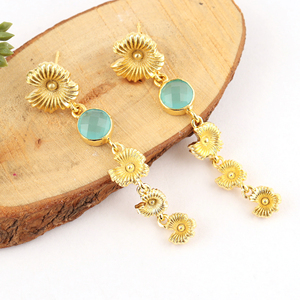 18k Gold Plated Round Cut Hydro Quartz Chalcedony Gemstone Earring Flower <b>Drop</b> Elegant Statement Fashion Earrings For Women - Product Image 6