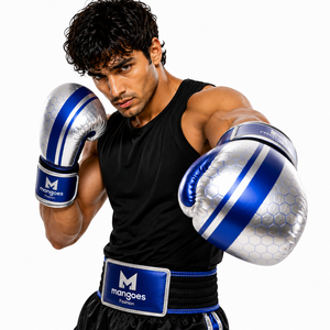 Guantes de Boxeo Profesionales ODM OEM de Cuero PU Premium Azul/Plateado con Palma Transpirable y Cierre Personalizado, Logotipo Personalizable - Product Image 4