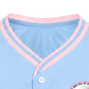 เสื้อเบสบอลผู้หญิงสีฟ้าอ่อนแบบสั่งทำพิเศษ พร้อมป้ายปัก แขนสั้น ติดกระดุมด้านหน้า คอวี แต่งขอบสีขาว ชุดลำลองสไตล์สปอร์ต - Product Image 2