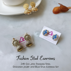 24K Gold Plated Stainless Steel Designer Jhumka and <b>Blue</b> <b>Stud</b> <b>Earrings</b> Set - Product Image 3