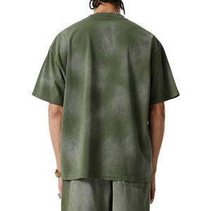 285GSM Heavyweight Men's Casual Oversized 100% Cotton T-Shirt Monkey Wash <b>Spray</b> Dyed Ripped Hole Hip Hop Pocket Streetwear <b>Style</b> - Product Image 2