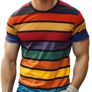 Camiseta de Manga Corta con Cuello Redondo y Rayas para Hombre, Corte Regular, Informal, de Algodón Tejido Transpirable de 320 g, Diseño Estampado, Patrón Multicolor - Product Image 5