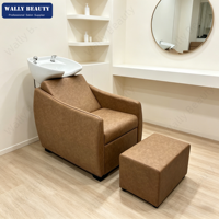 Fauteuil de lavage professionnel de luxe en cuir PVC marron avec bac en céramique, station de lavage de cheveux, mobilier de salon