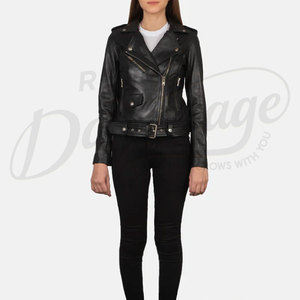 Womens Classic Black <b>Leather</b> Biker <b>Jacket</b> Genuine Sheepskin Moto Coat Custom Slim Fit Belted Rider <b>Jacket</b> De Vintage - Product Image 2