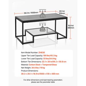 Tavolino da Caffè Moderno a 2 Livelli in Vetro Rettangolare con Vano Portaoggetti Aperto e Piano in Vetro Temperato - Product Image 3