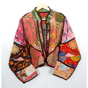 Handmade Indian Kantha Reversible <b>Jacket</b> for Women Boho Patchwork Winter Wear Robe Dress with Letter <b>Pattern</b> - Product Image 1