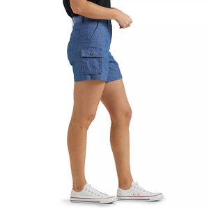 Shorts de bain taille haute pour femme, bleu uni, polyester/coton, séchage rapide, décontracté, avec poches, ceinture et braguette boutonnée, respirant, coupe classique - Product Image 1