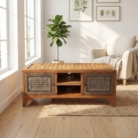 Meuble TV en rotin, armoire en osier, console multimédia minimaliste antique, unité de rangement pour salon, style bohème, pour téléviseurs